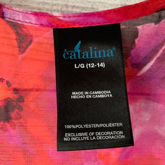 Catalina Pink and Red Floral Swimsuit Cover Up Fringe Cardigan Kimono Size L - Picture 8 of 16